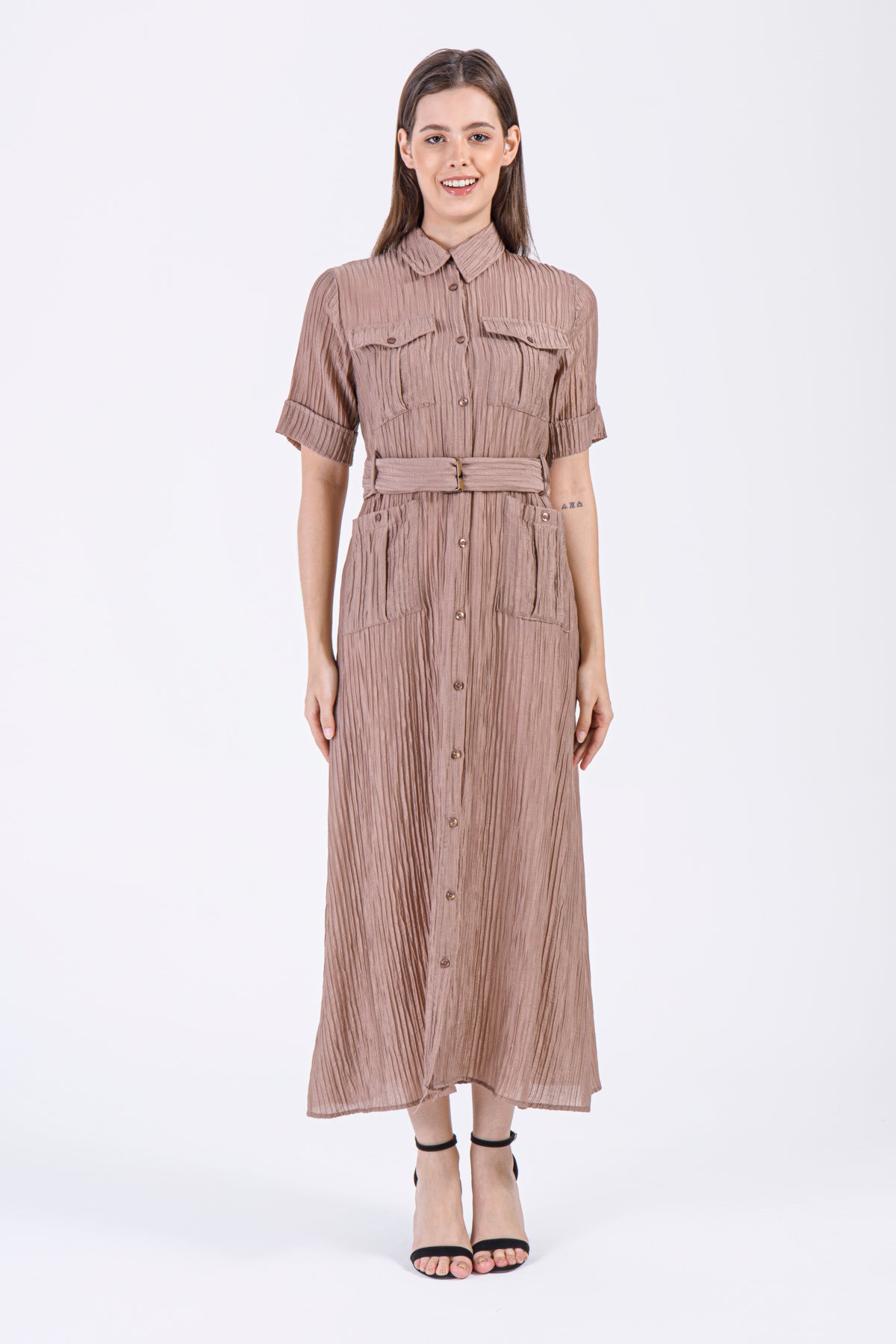 Mocha Belted Button-Down Maxi Dress