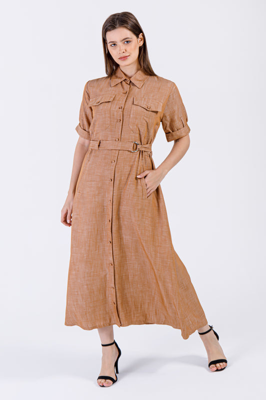 Sena Button-Down Dress – Caramel brown