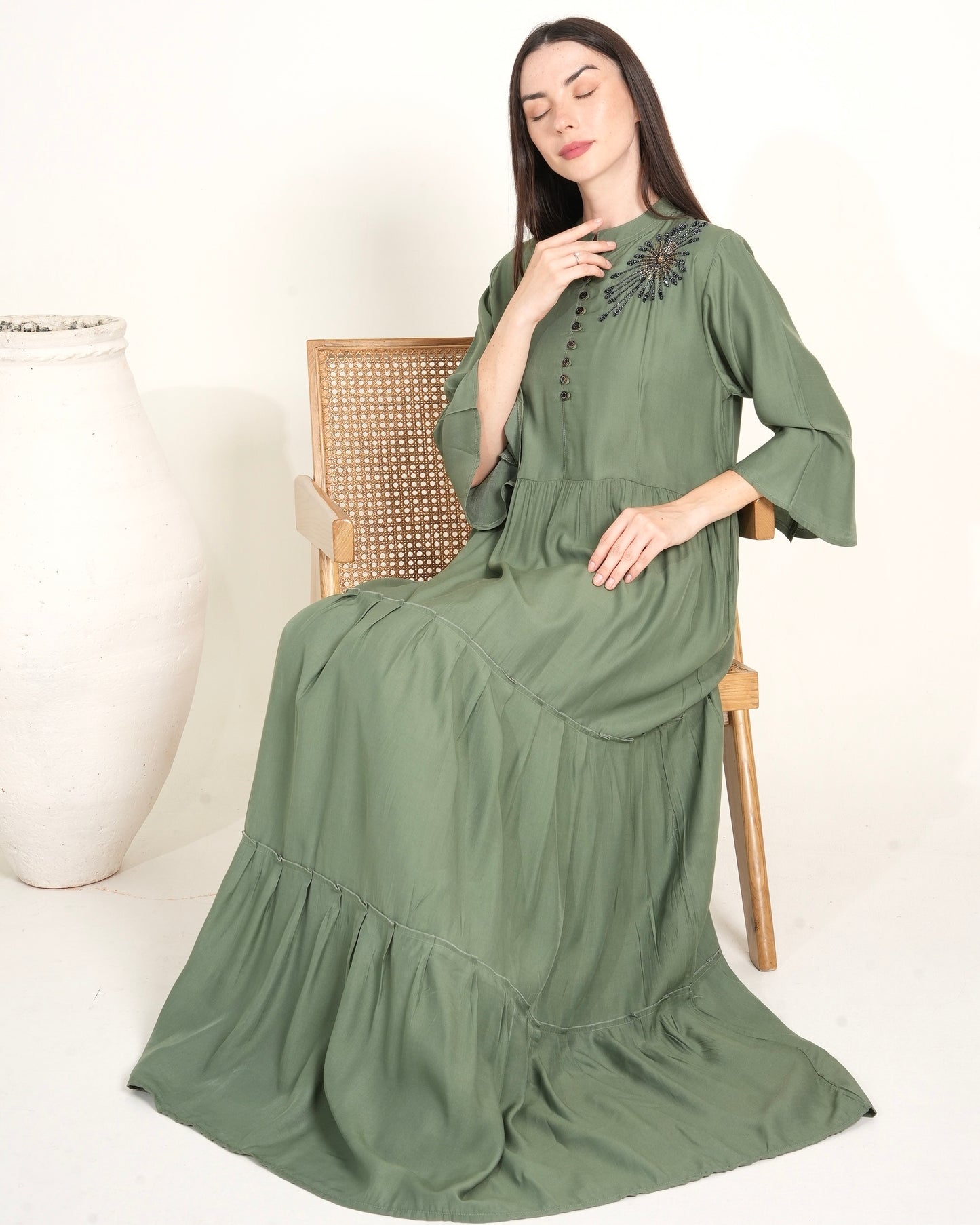 Olive Elegance - Hand-Beaded Long Dress for Ladies