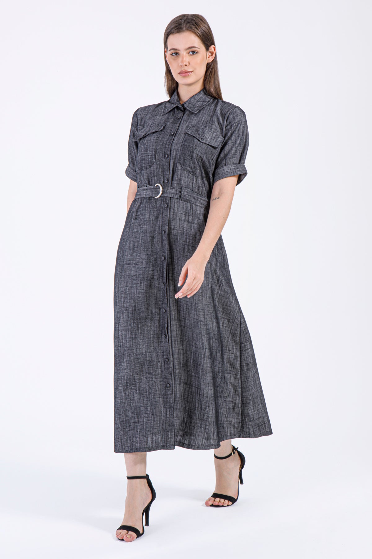 Charcoal Elegance – Modest Buttoned Maxi Dress
