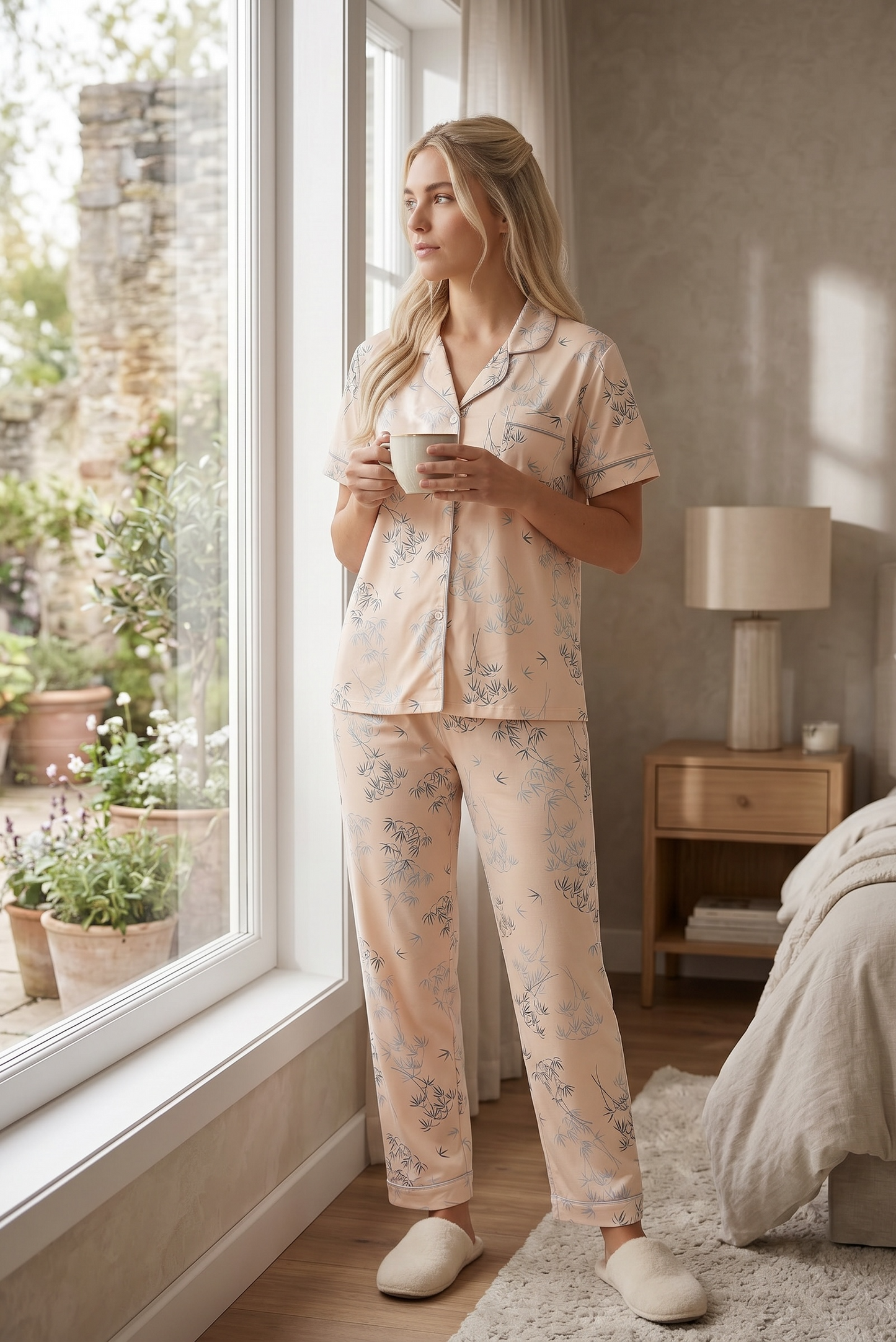Celina – Soft Cream Botanical Sleepwear | Women’s Button-Up Lounge Set