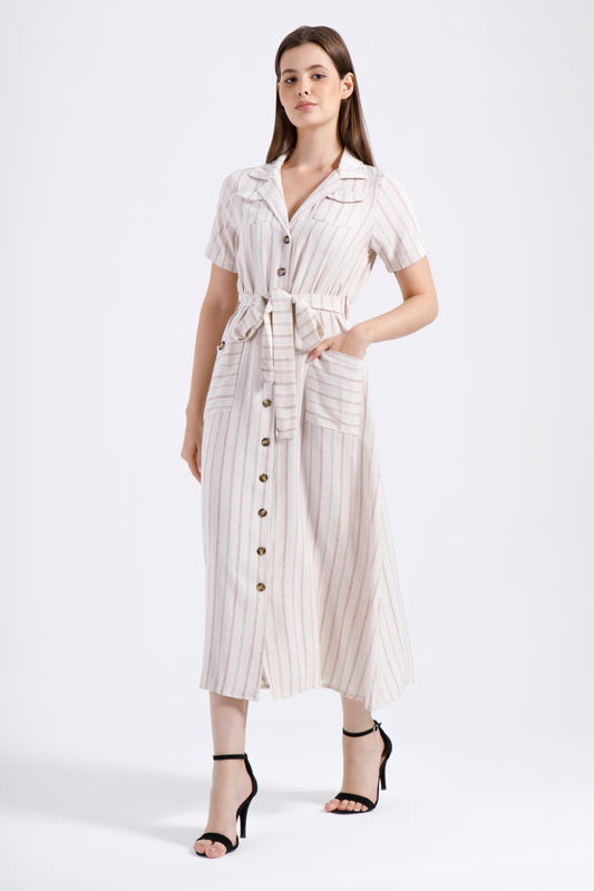 Mira Striped Button-Down Dress – Blush Maroon on Natural Beige
