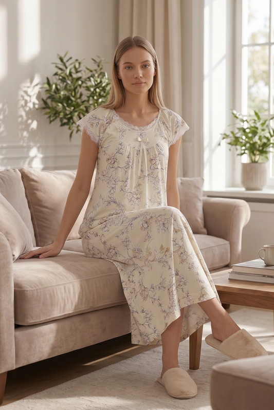 Marielle – Soft Ivory Floral Nightdress | Women's Lace Sleepwear