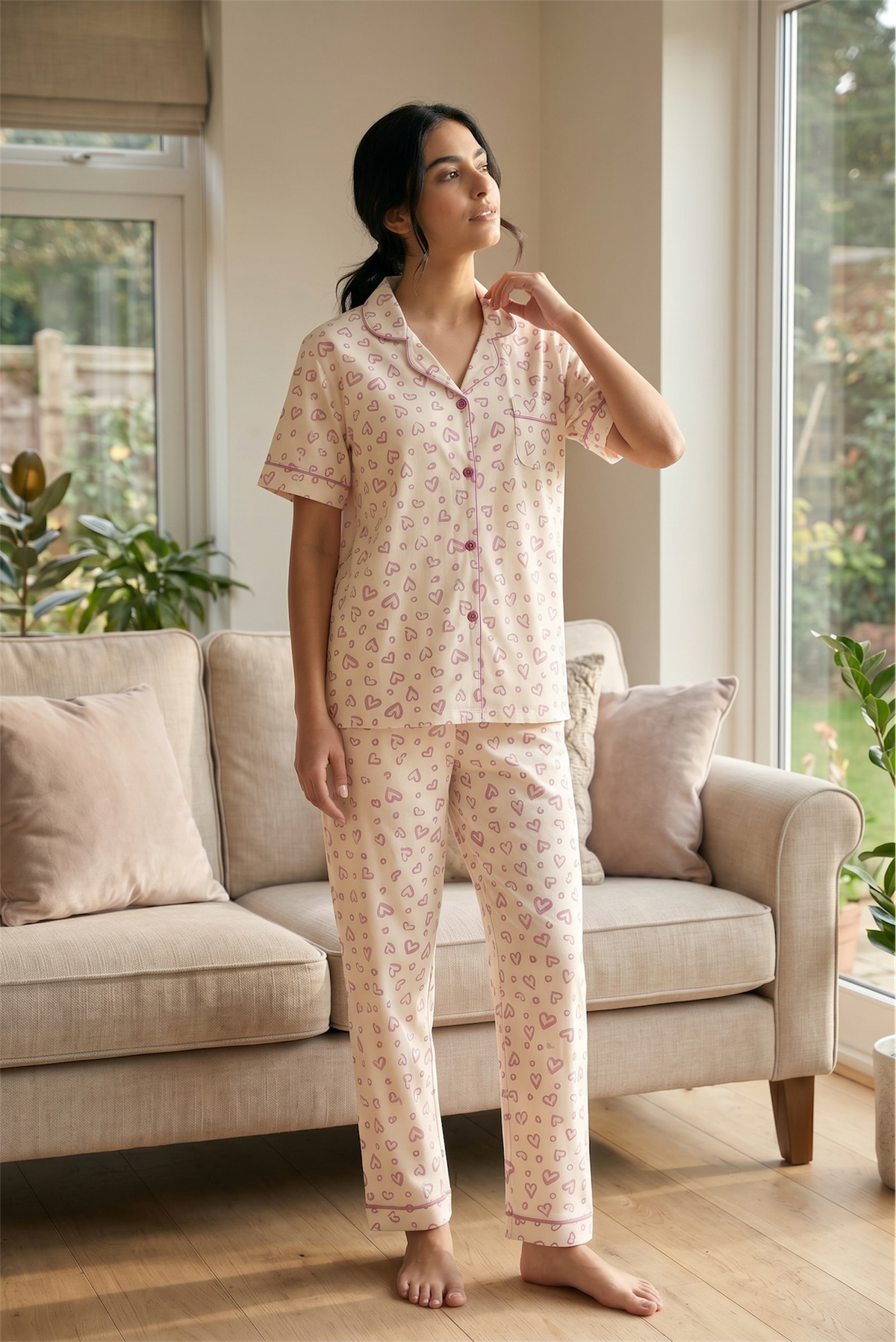 Mila – Soft Blush Heart Print Sleepwear | Women’s Button-Up Pajama Set