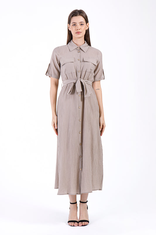 Noor Pleated Button Dress - Taupe Beige