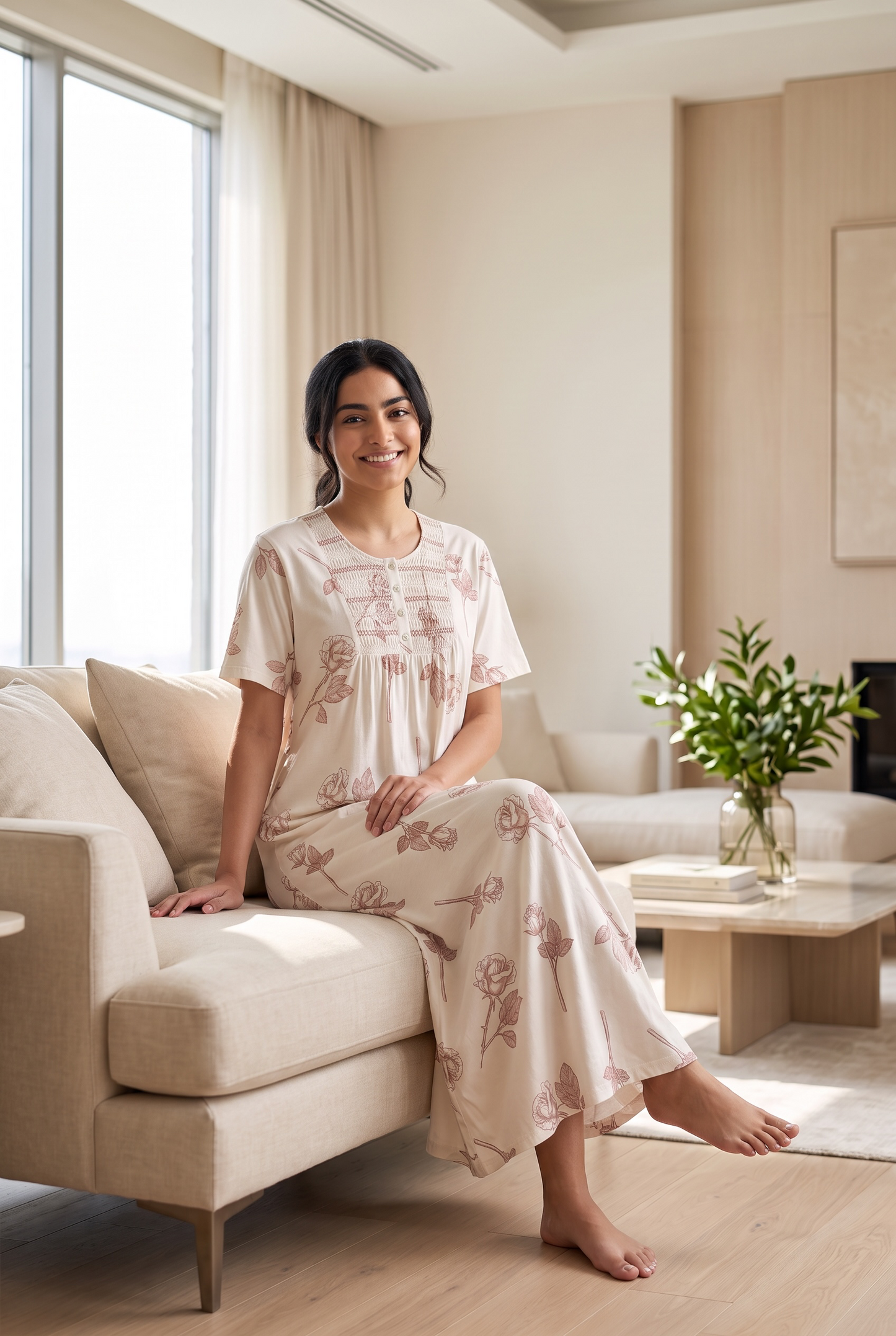 Rosabelle – Soft Ivory Rose Print Nightdress | Women’s Lace Sleepwear