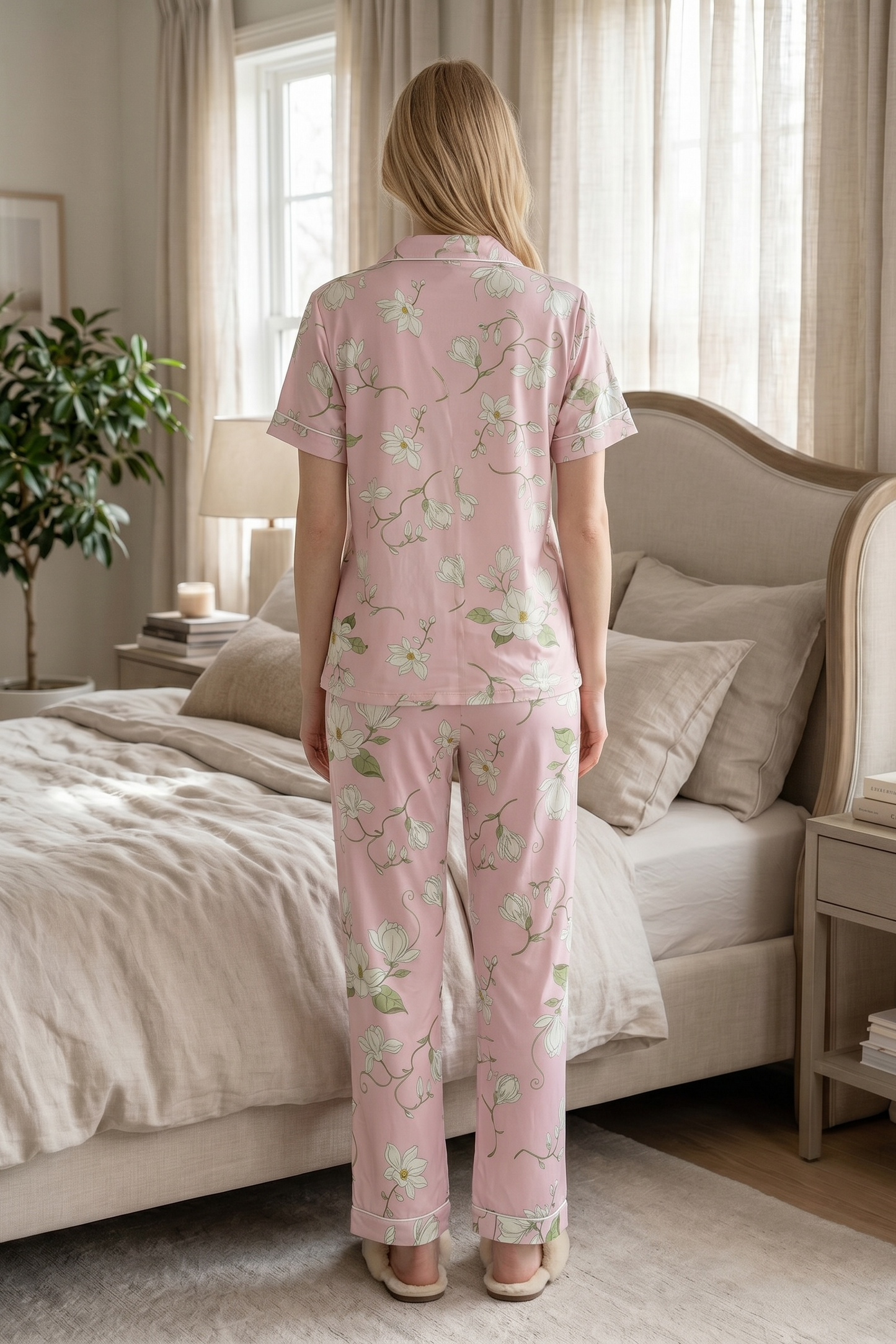 Rosalie – Soft Blush Pink Floral Sleepwear | Women’s Button-Up Lounge Set