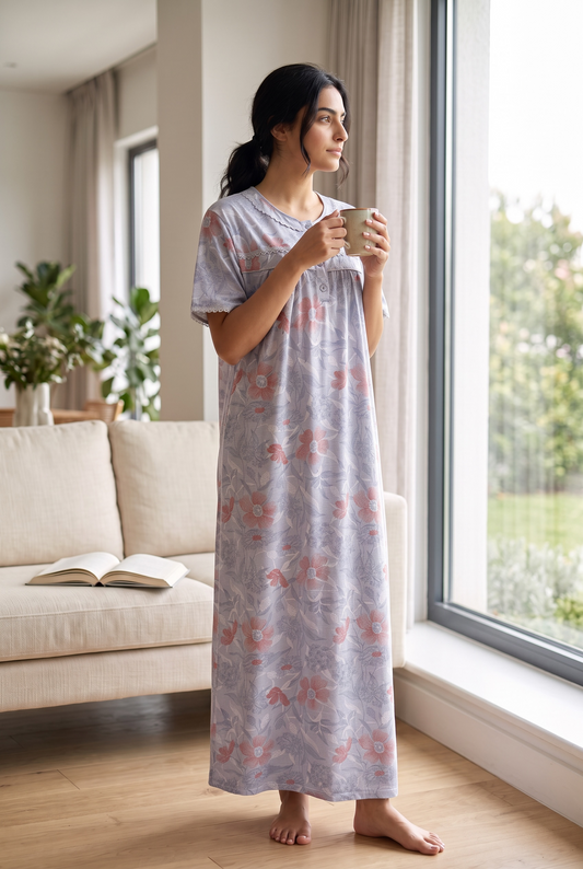 Mirelle – Soft Grey Floral Nightdress | Women’s Lace Sleepwear