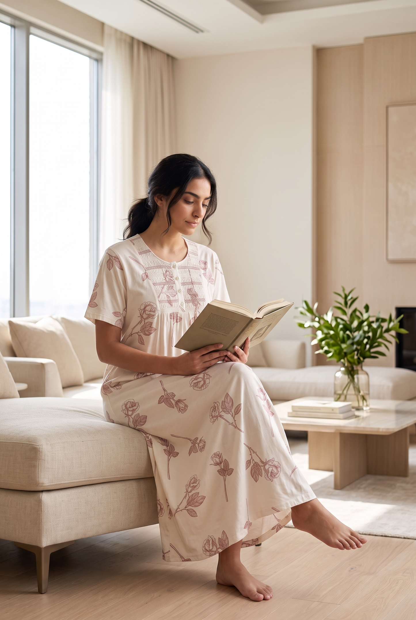 Rosabelle – Soft Ivory Rose Print Nightdress | Women’s Lace Sleepwear