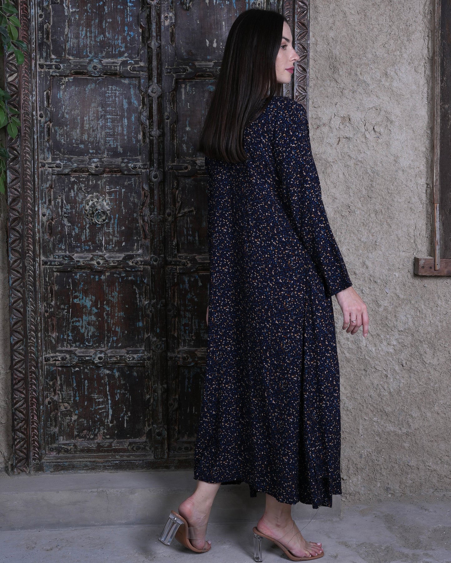 Navy Elegance - Embroidered Black Midi Dress