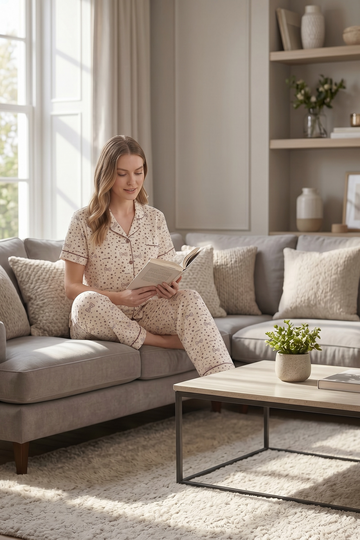 Belleza – Soft Cream Bow Print Sleepwear | Button-Up Lounge Set
