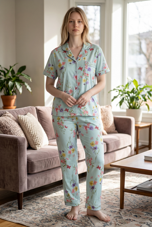 Elira – Soft Mint Floral Sleepwear | Button-Up Lounge Set