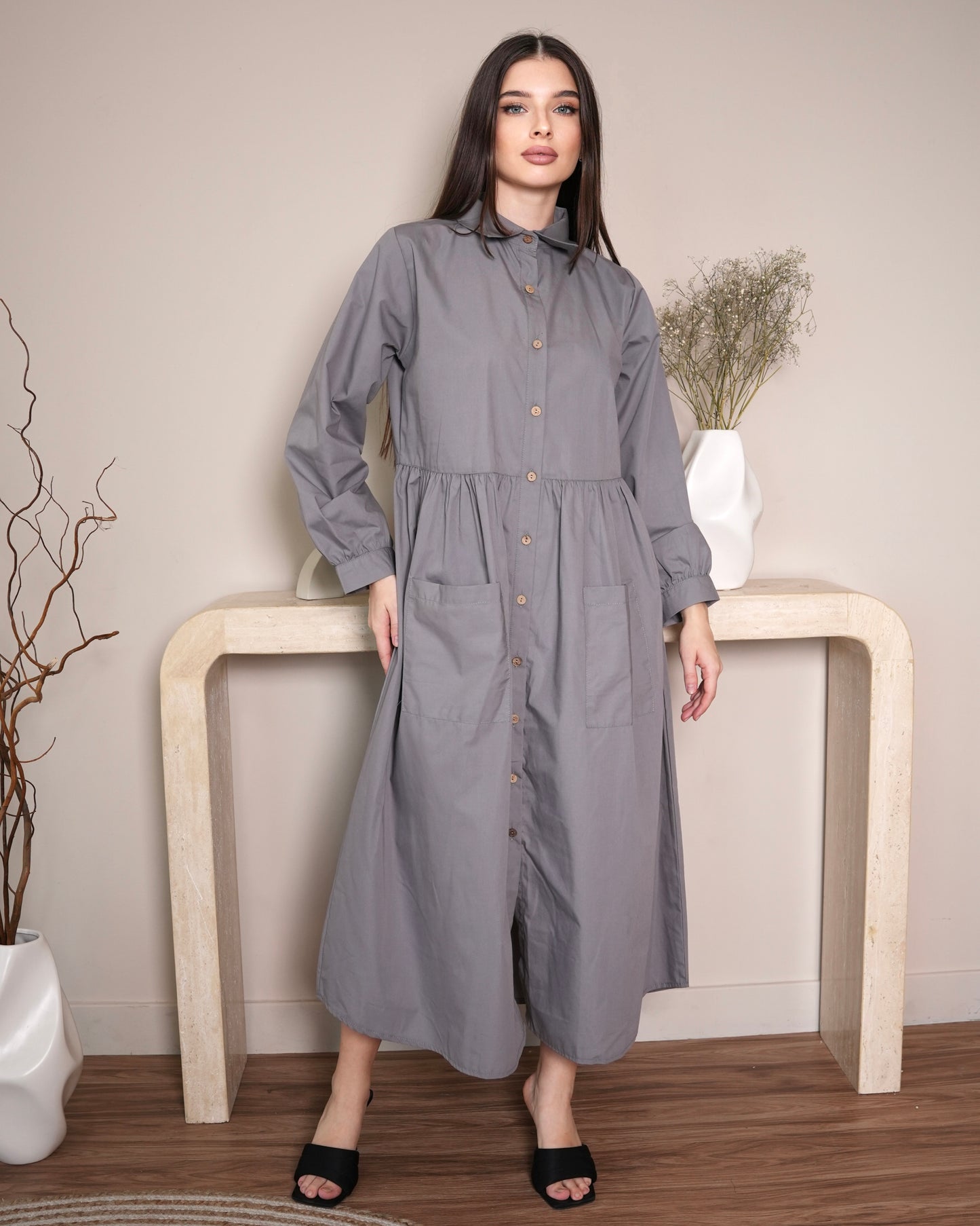 Slate Essence - Modest Button-Down Dress