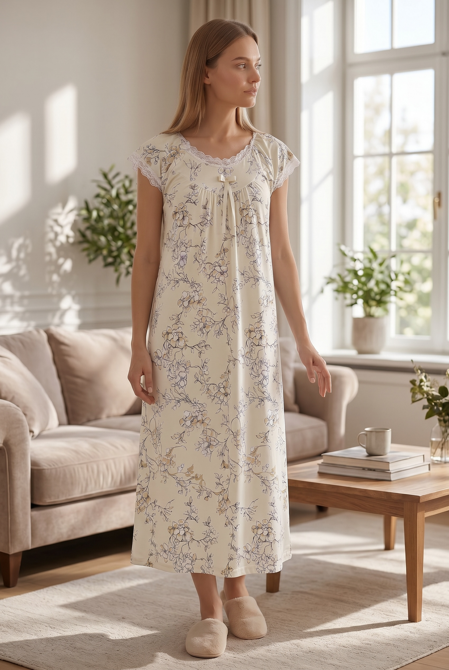 Marielle – Soft Ivory Floral Nightdress | Women's Lace Sleepwear