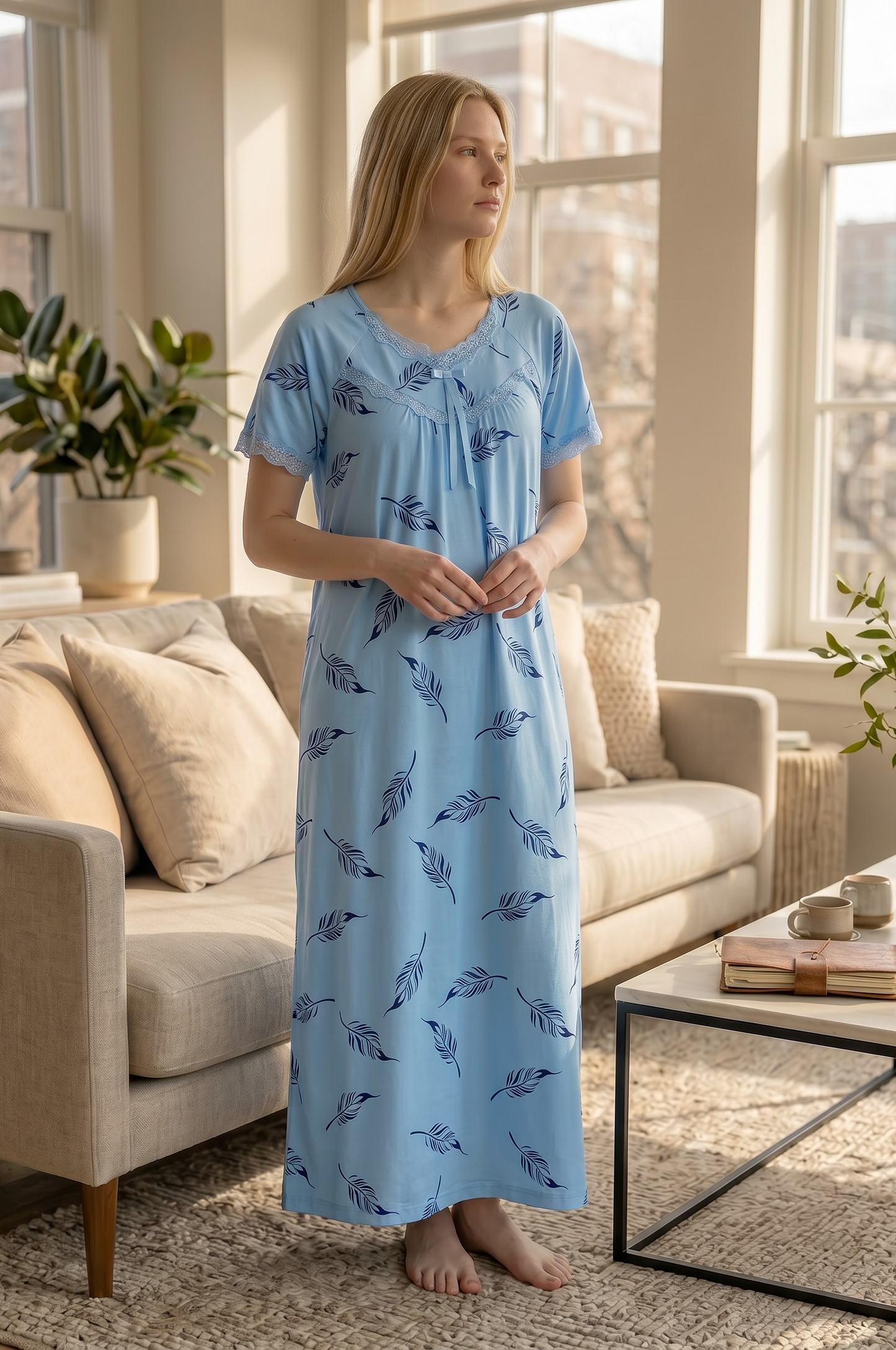 Elara – Soft Sky Blue Feather Nightdress | Women’s Lace Sleepwear