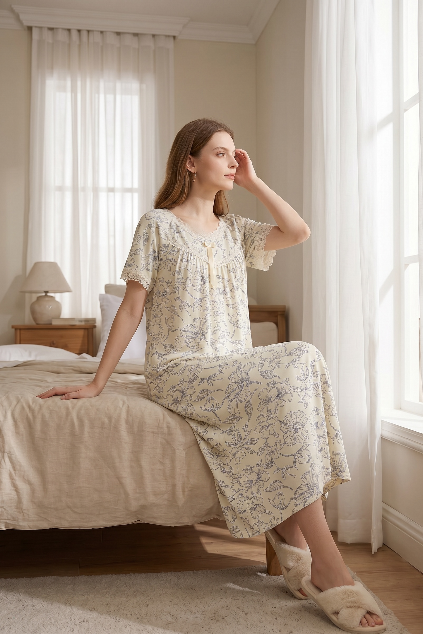 Liora – Soft Cream Floral Nightdress | Women’s Lace Sleepwear