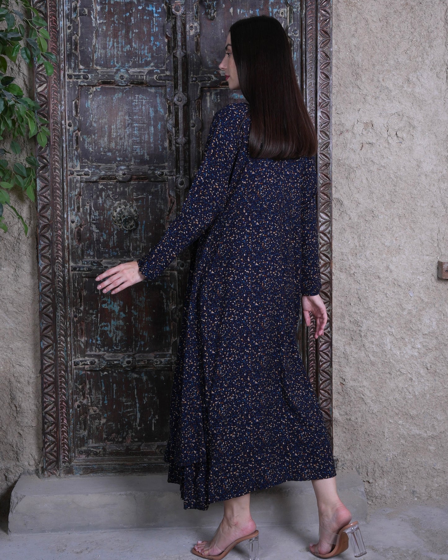 Navy Elegance - Embroidered Black Midi Dress