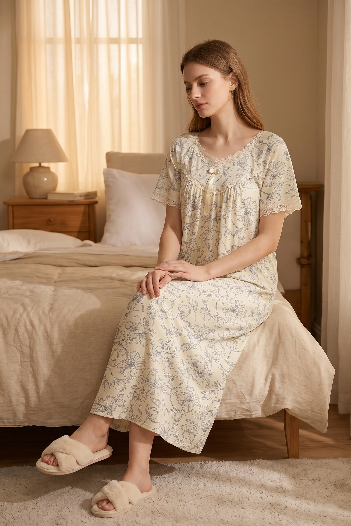Liora – Soft Cream Floral Nightdress | Women’s Lace Sleepwear