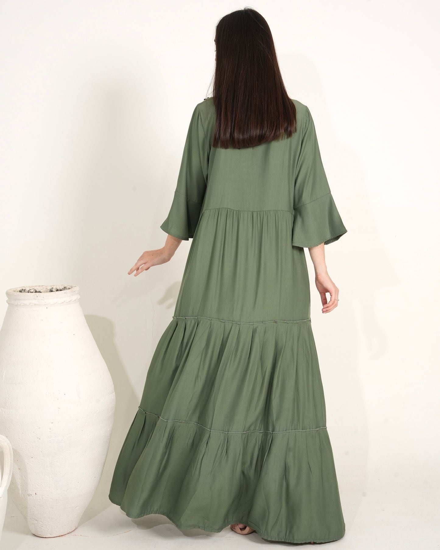 Olive Elegance - Hand-Beaded Long Dress for Ladies