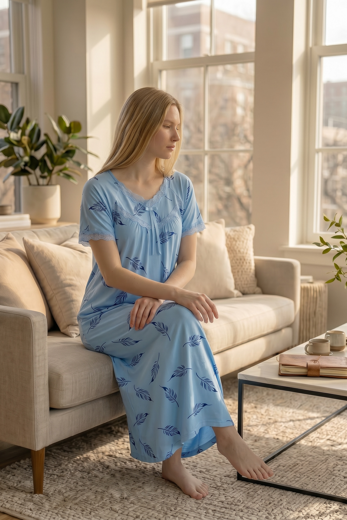 Elara – Soft Sky Blue Feather Nightdress | Women’s Lace Sleepwear
