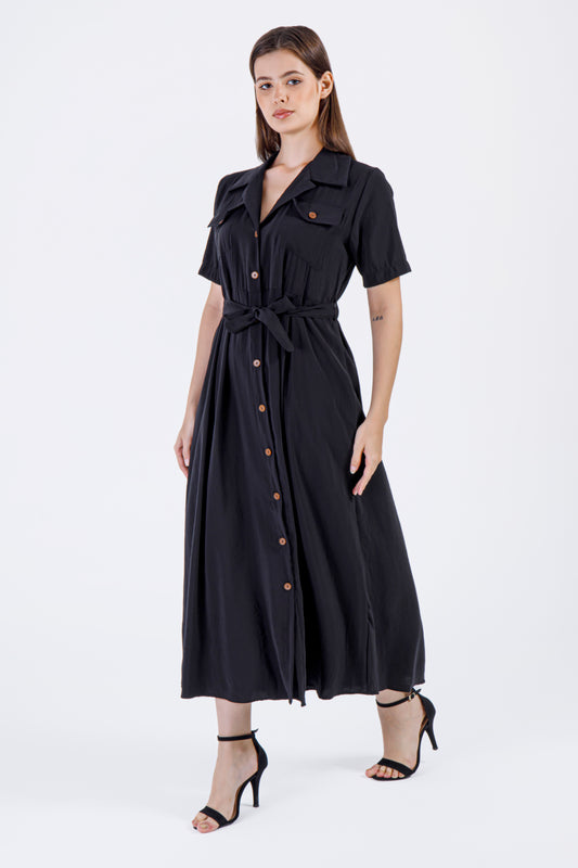 Samha Buttoned Shirt Dress – Black