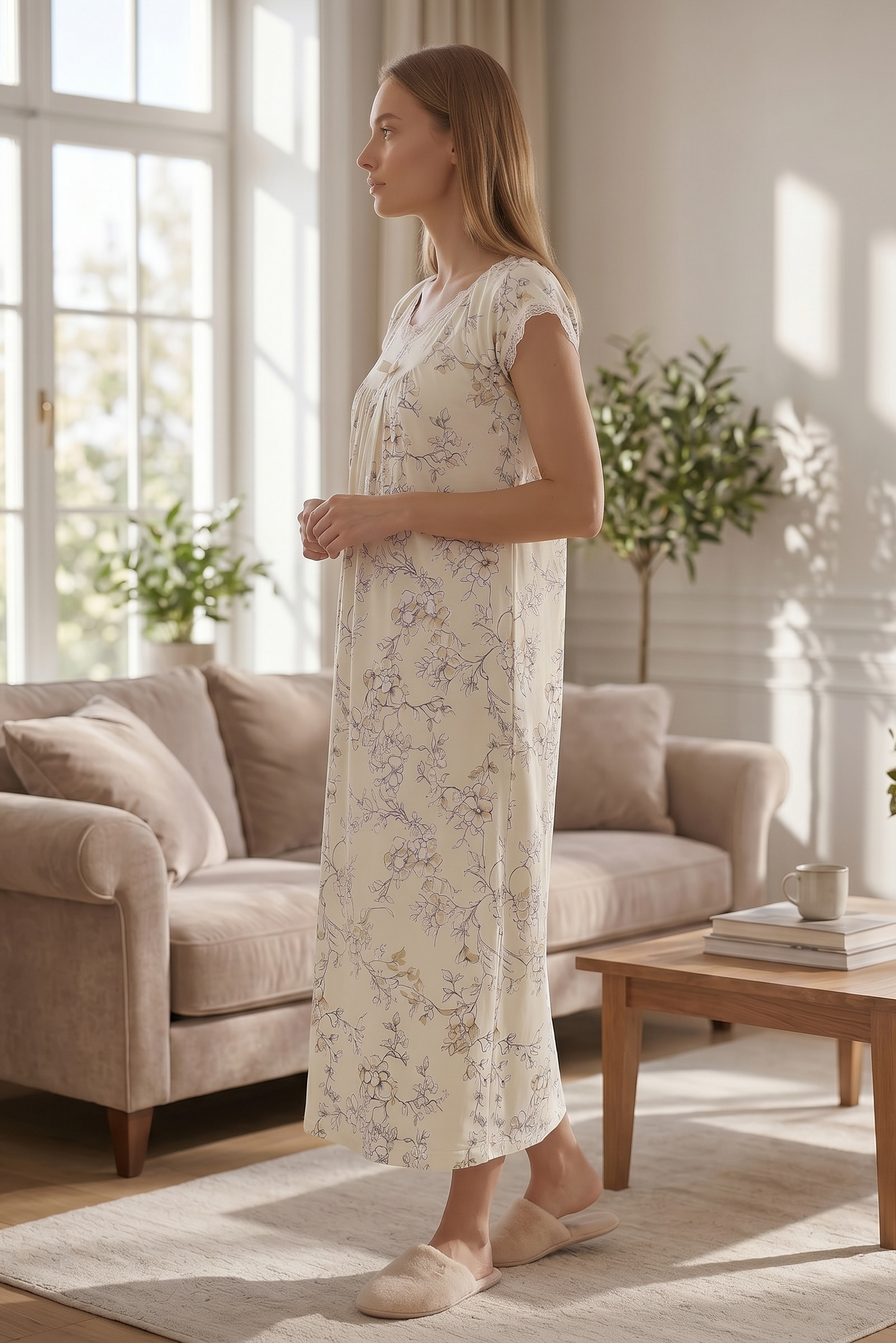Marielle – Soft Ivory Floral Nightdress | Women's Lace Sleepwear