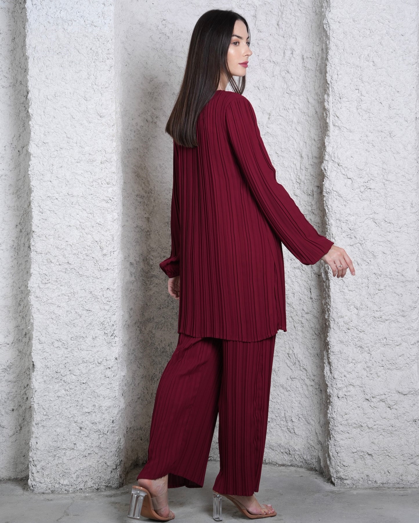 Maroon Modest Co-ord Set - Pleated Long Sleeve Elegance