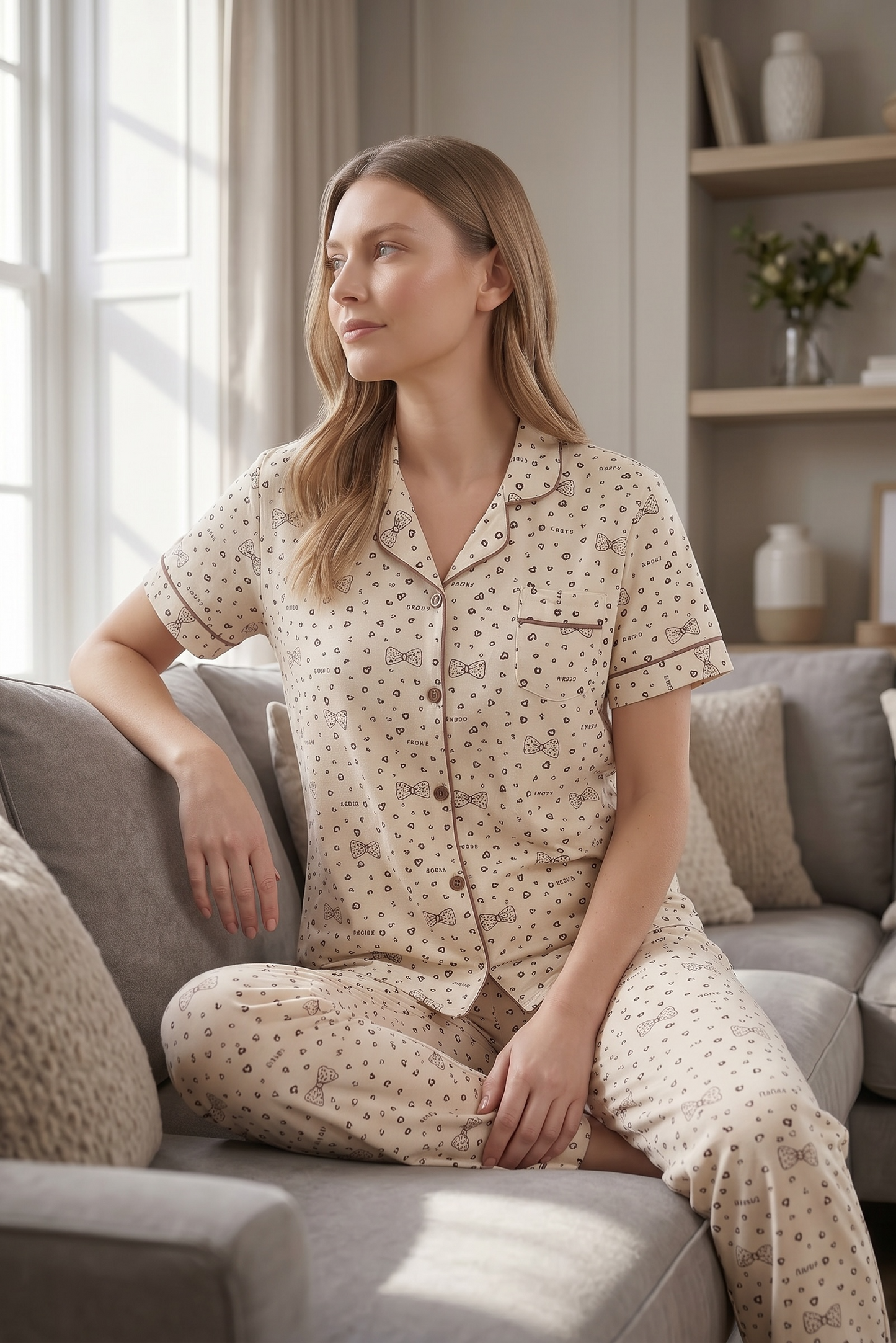 Belleza – Soft Cream Bow Print Sleepwear | Button-Up Lounge Set