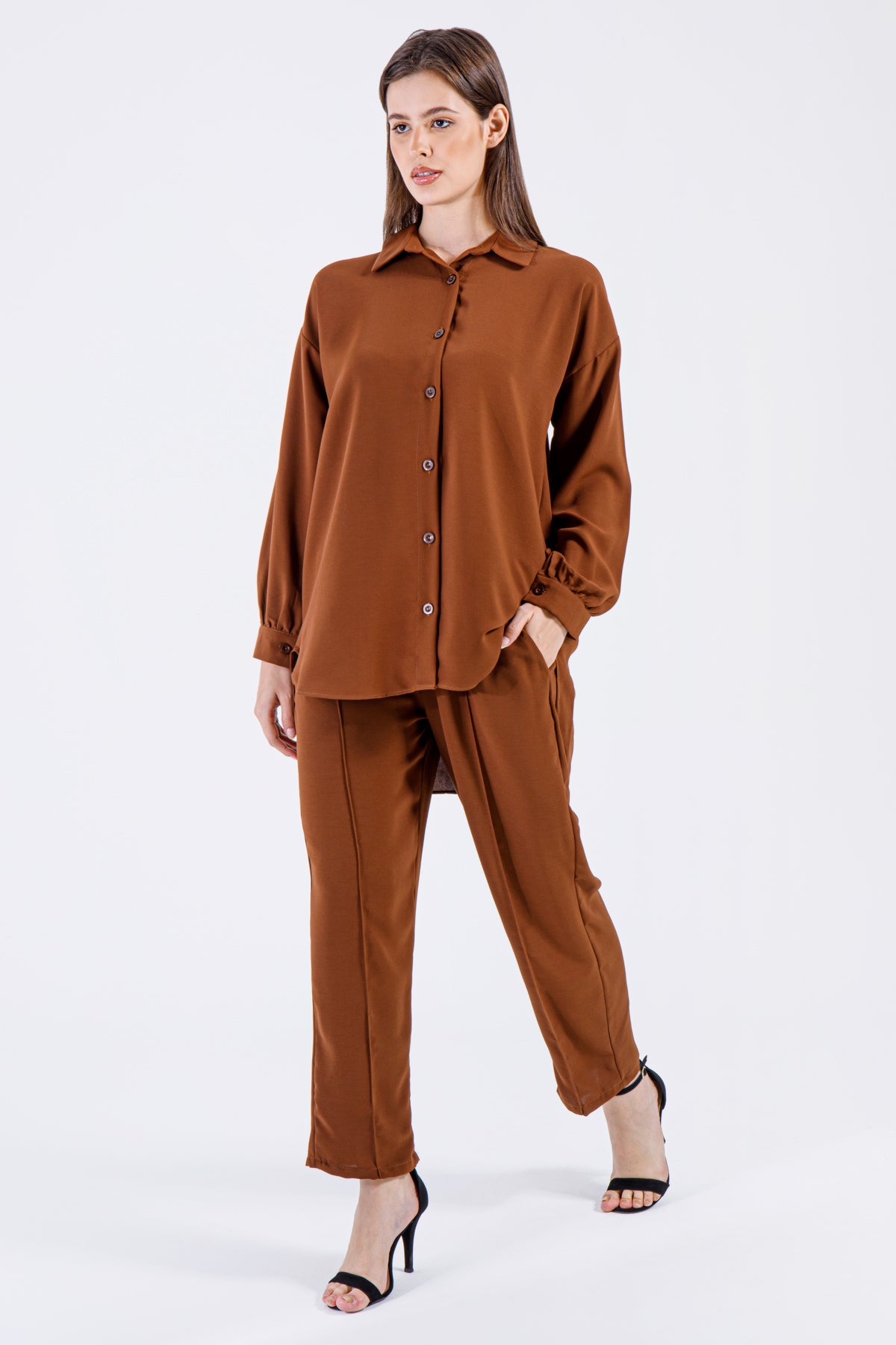 Lina Button-Down Coord Set – Olive Green