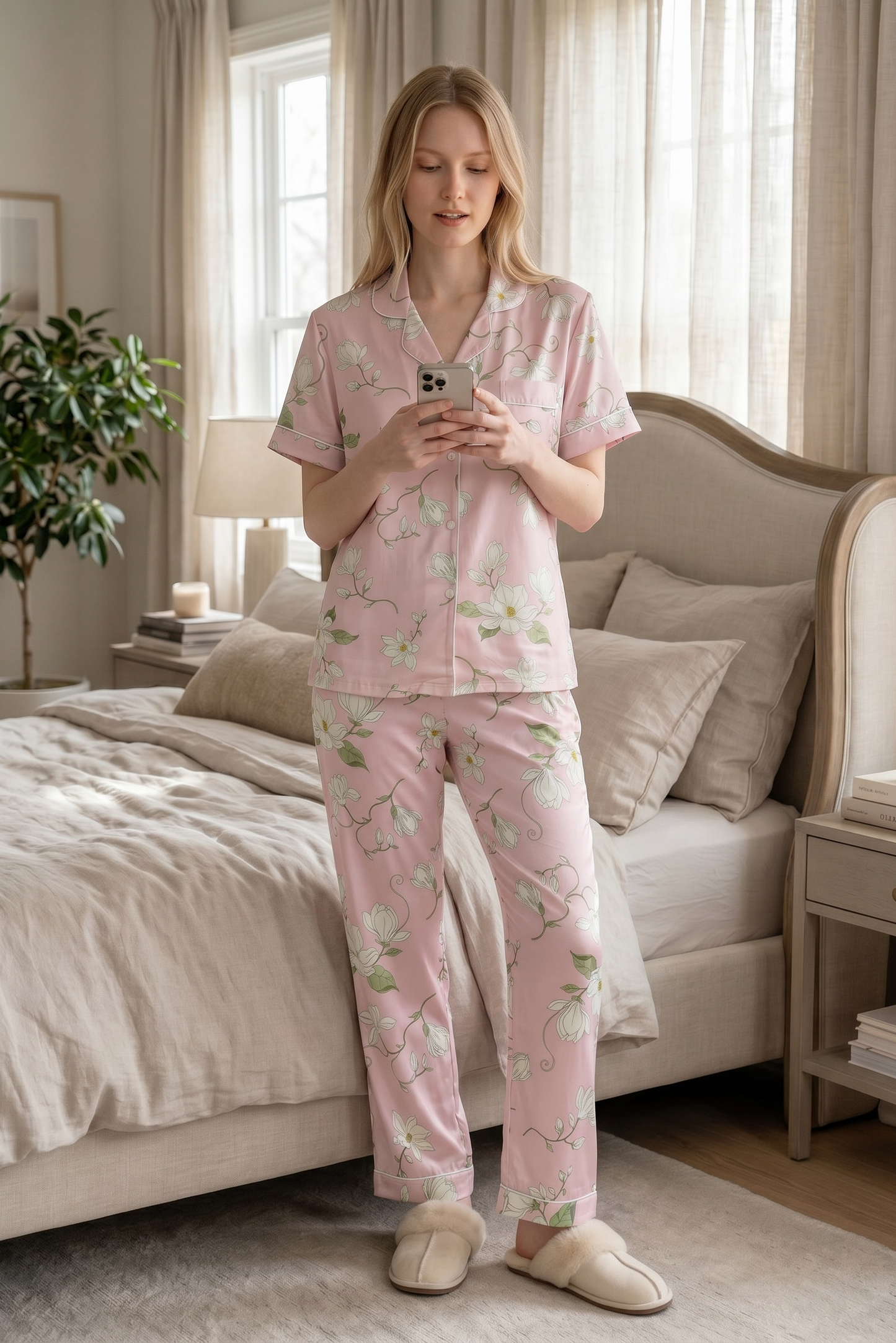 Rosalie – Soft Blush Pink Floral Sleepwear | Women’s Button-Up Lounge Set