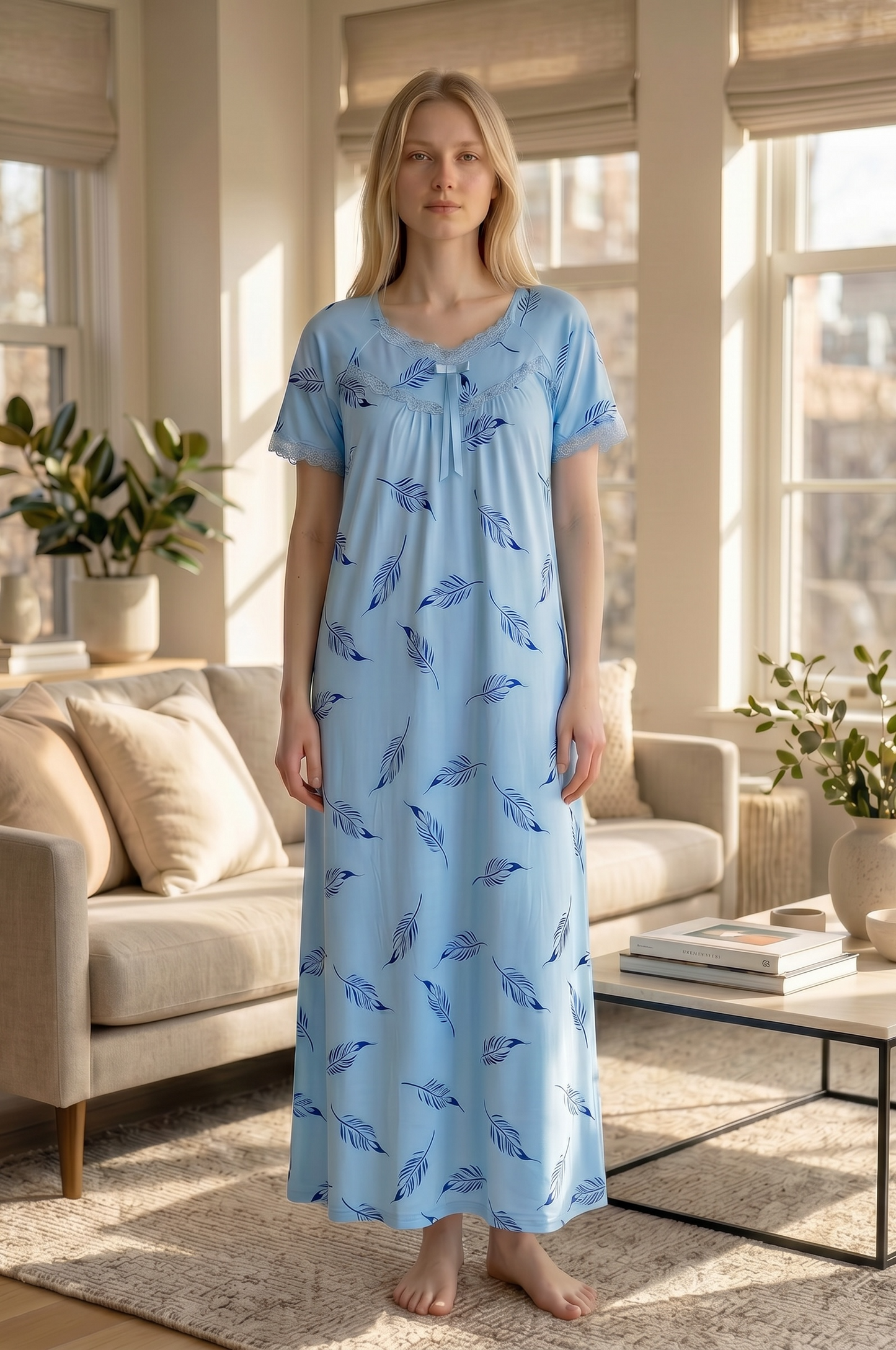 Elara – Soft Sky Blue Feather Nightdress | Women’s Lace Sleepwear