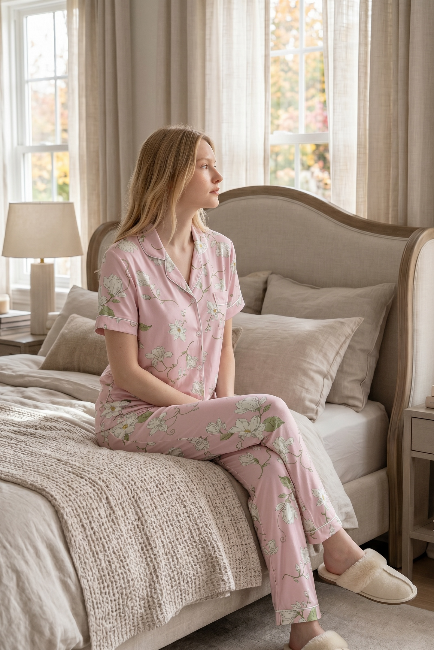 Rosalie – Soft Blush Pink Floral Sleepwear | Women’s Button-Up Lounge Set