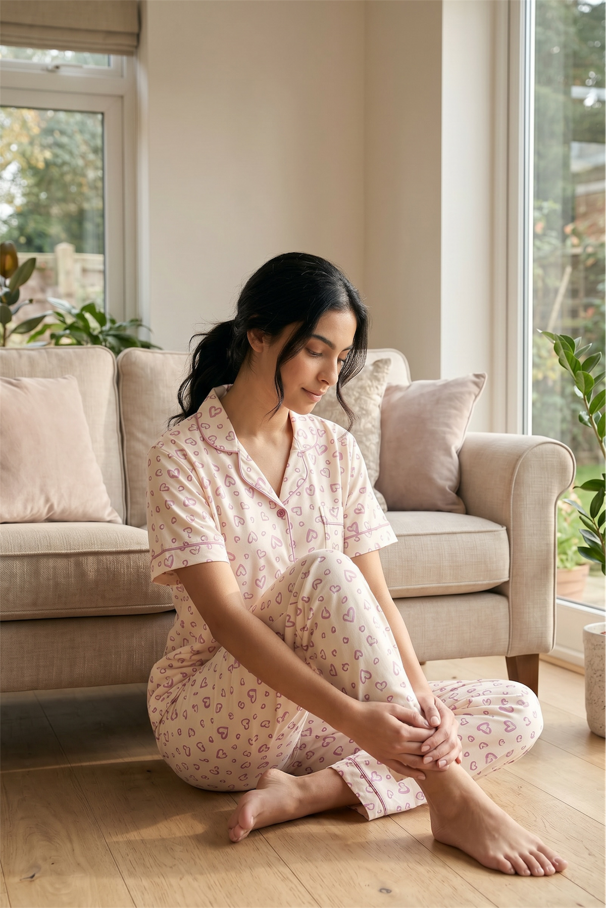 Mila – Soft Blush Heart Print Sleepwear | Women’s Button-Up Pajama Set