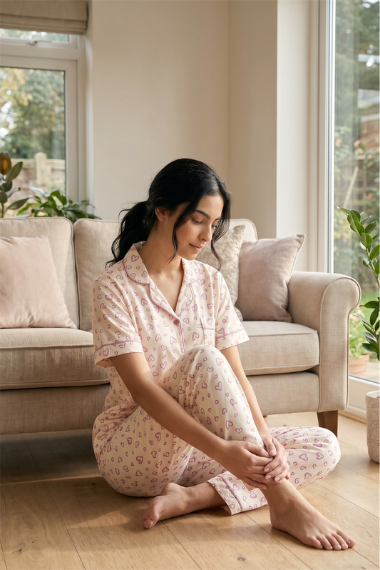 Mila – Soft Blush Heart Print Sleepwear | Women’s Button-Up Lounge Set