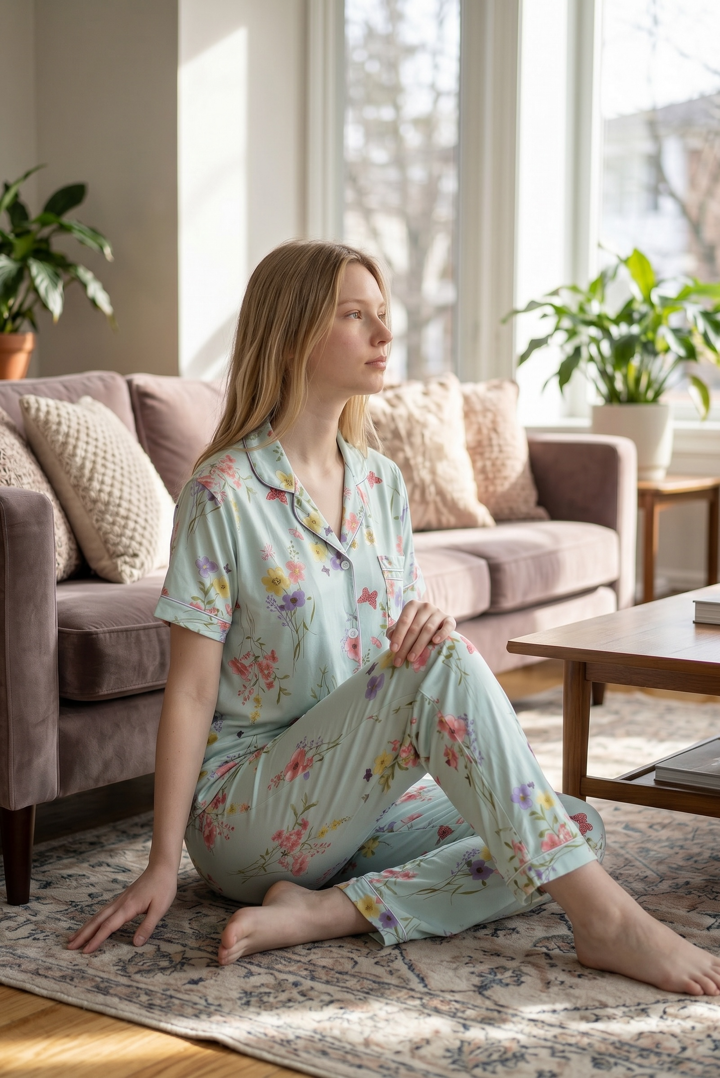 Elira – Soft Mint Floral Sleepwear | Button-Up Lounge Set