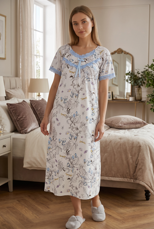 Serena – Ivory Floral Nightdress with Blue Lace | Women’s Sleepwear