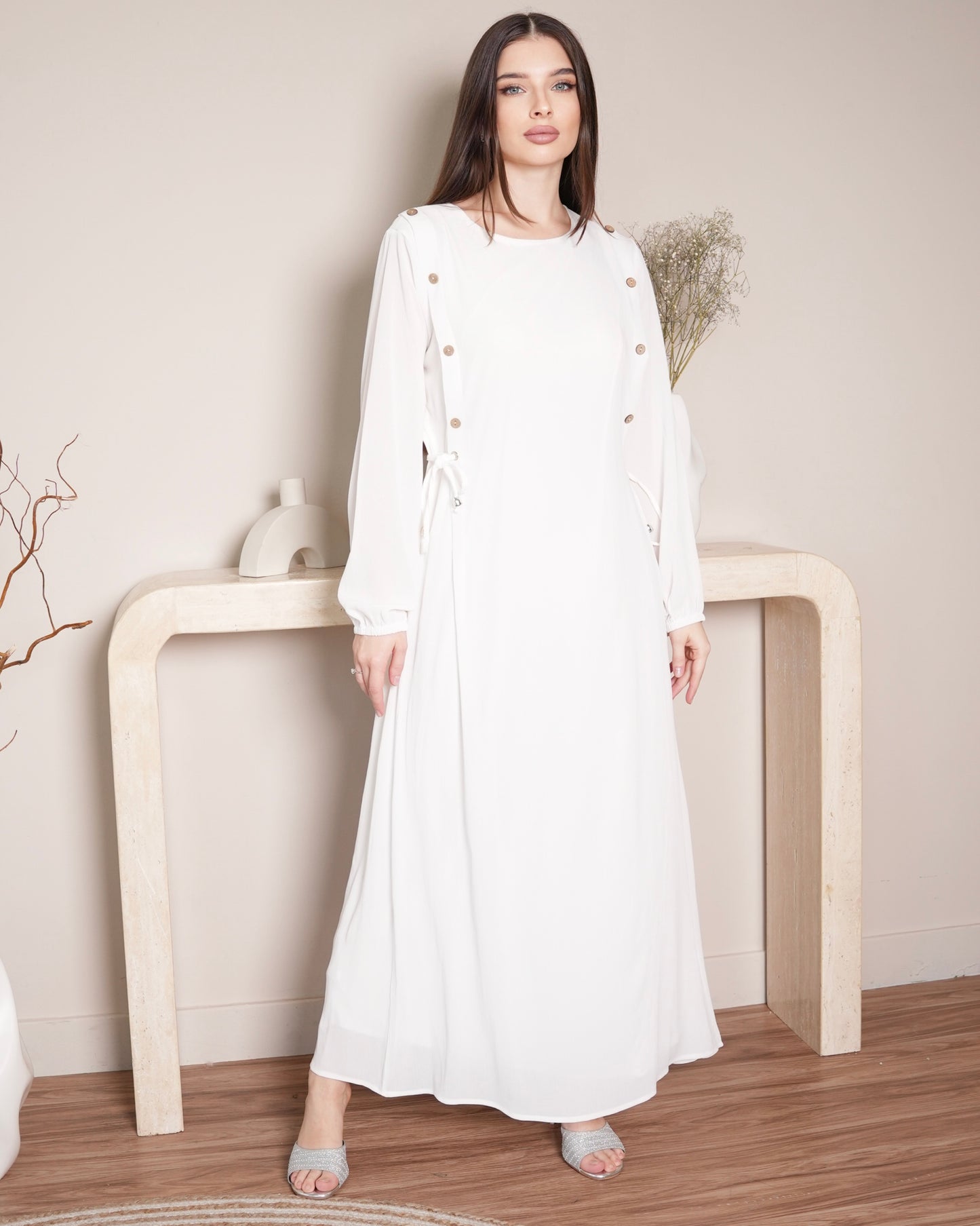 Timeless Pearl Elegance - Modest and Chic White Maxi Dress