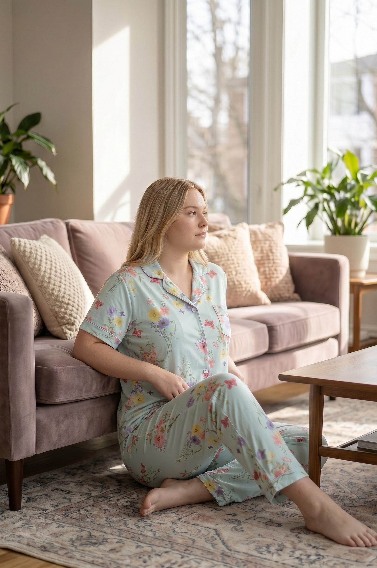 Elira – Soft Mint Floral Sleepwear | Button-Up Lounge Set