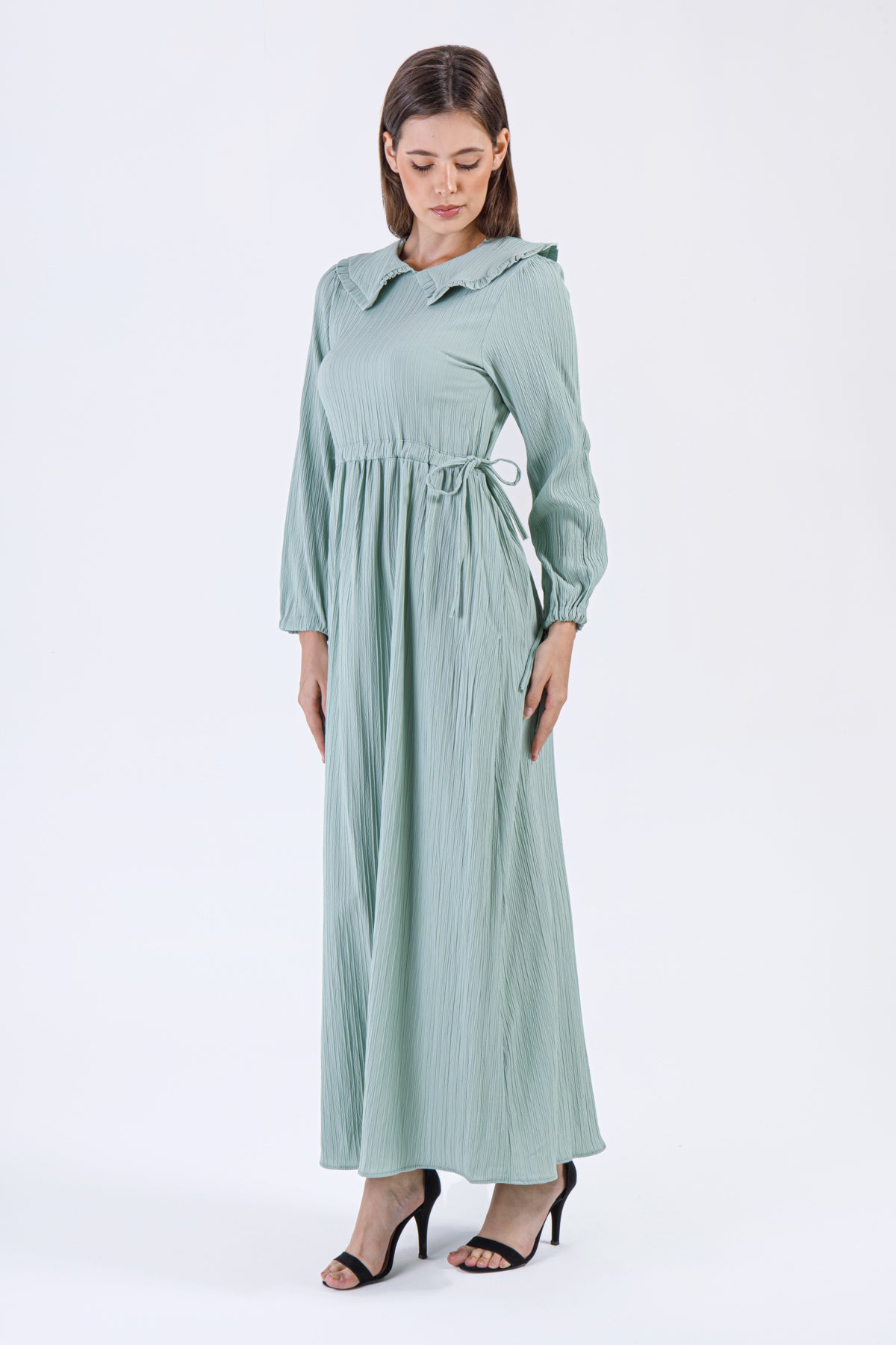 Ruffled Collar Crinkle Maxi Dress – Mint Green