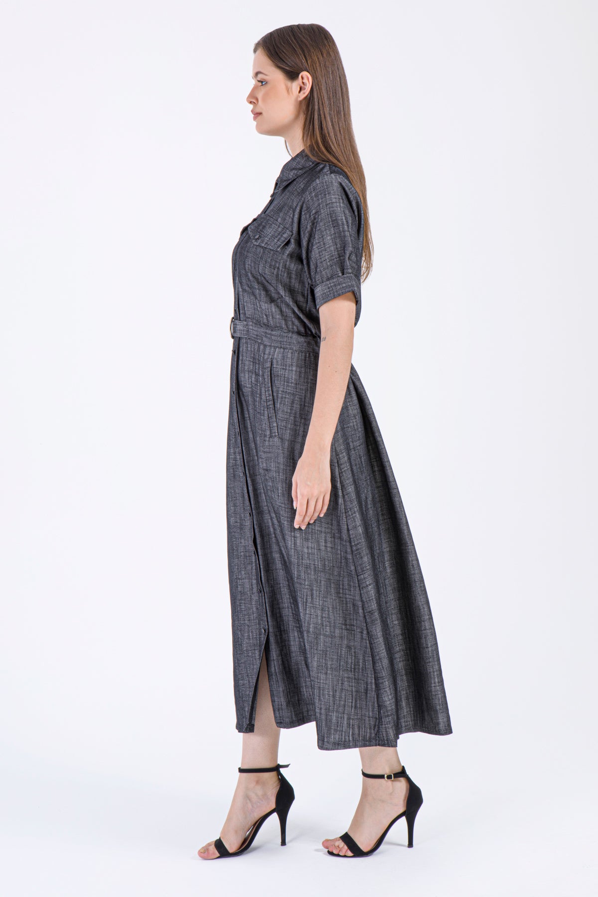 Charcoal Elegance – Modest Buttoned Maxi Dress