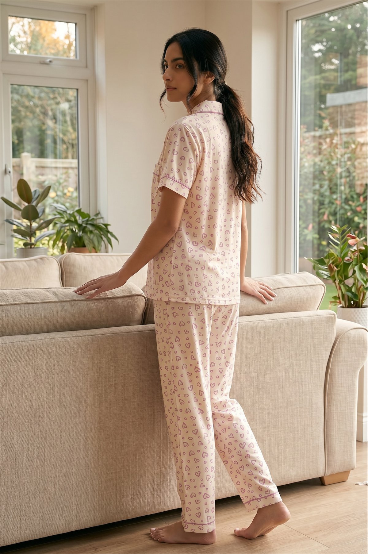 Mila – Soft Blush Heart Print Sleepwear | Women’s Button-Up Pajama Set