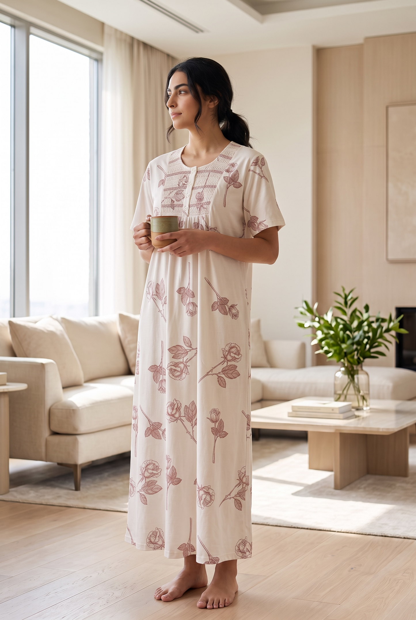 Rosabelle – Soft Ivory Rose Print Nightdress | Women’s Lace Sleepwear