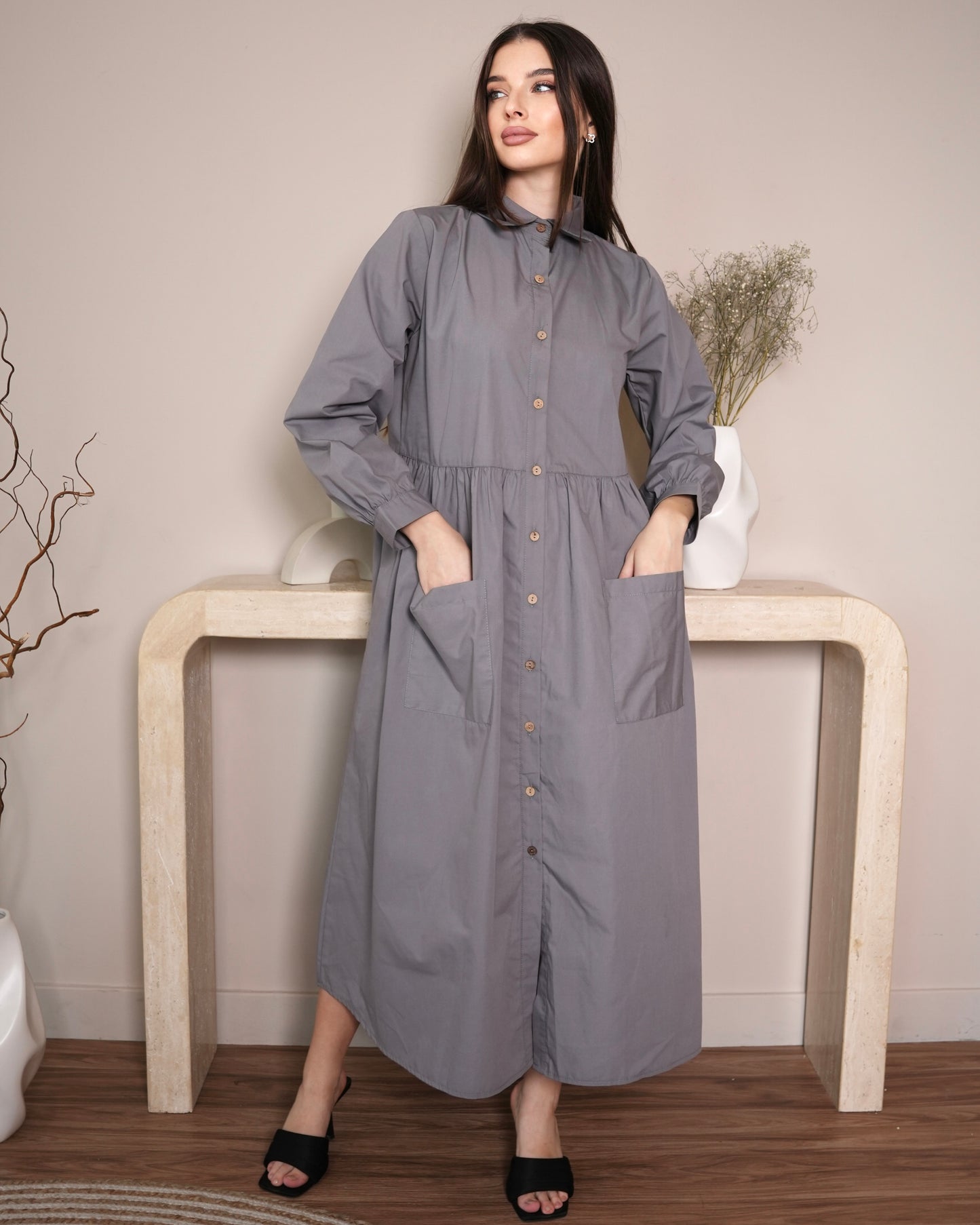 Slate Essence - Modest Button-Down Dress