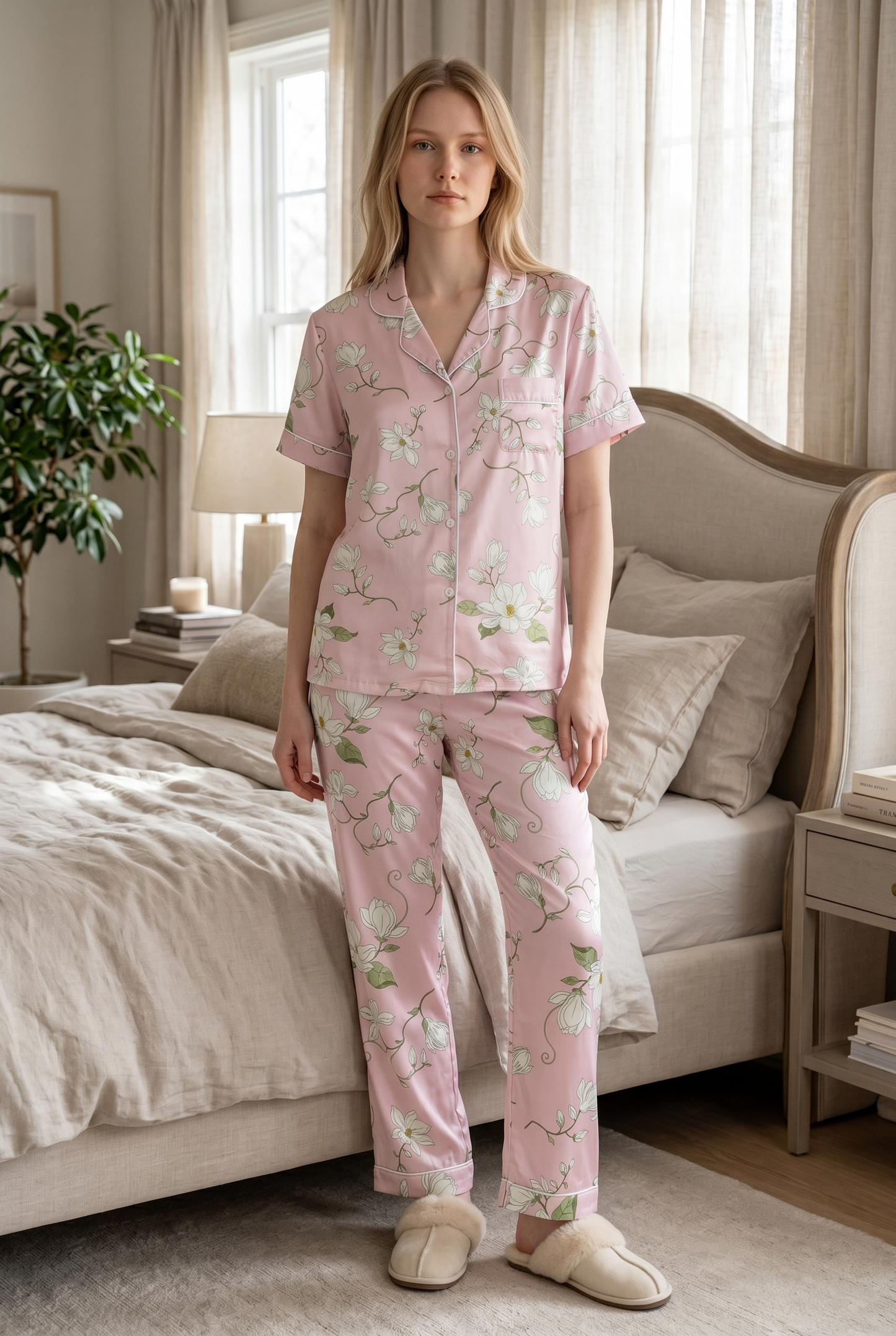 Rosalie – Soft Blush Pink Floral Sleepwear | Women’s Button-Up Lounge Set
