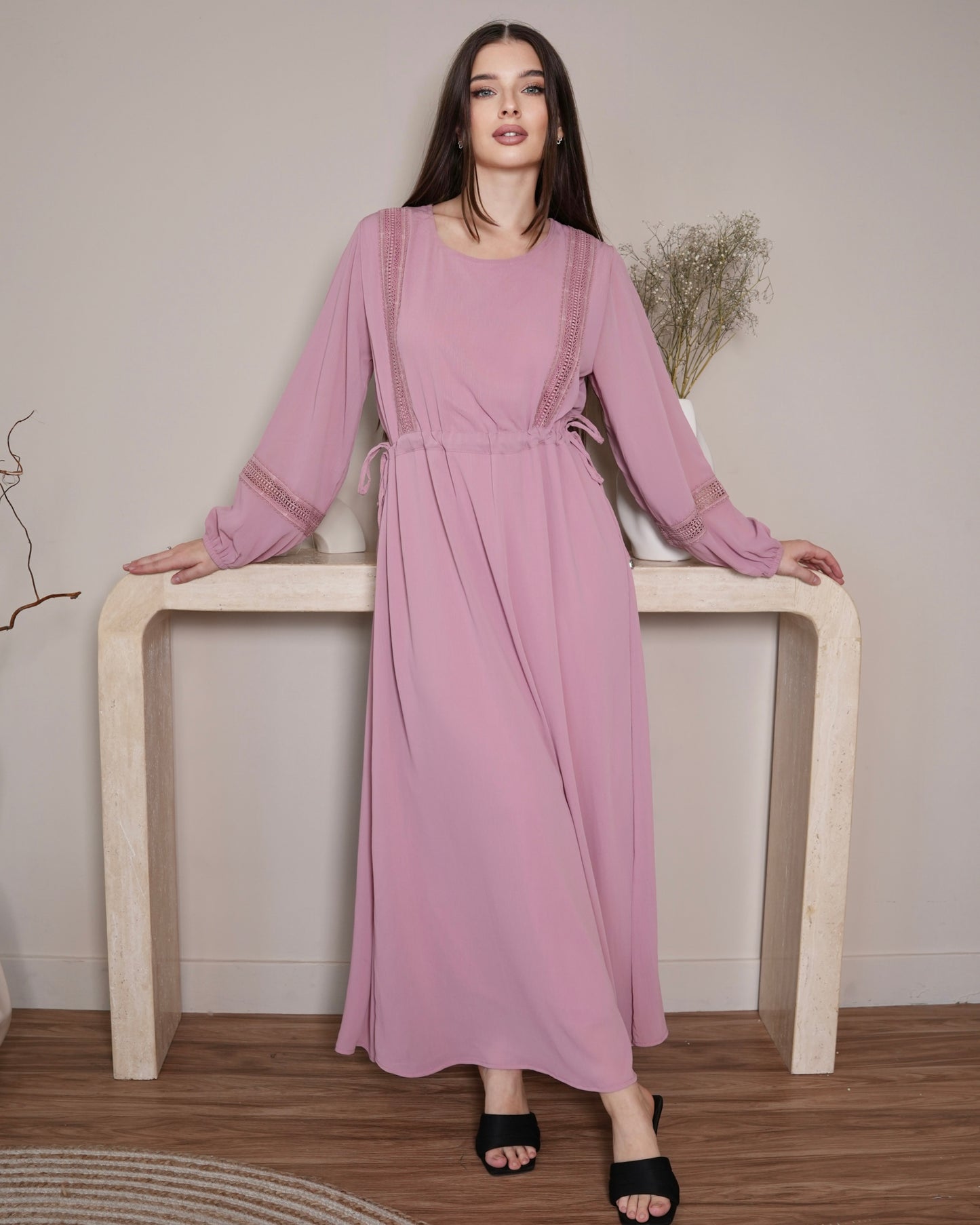 Graceful Blush - Pink Modest Dress with Lace Detail