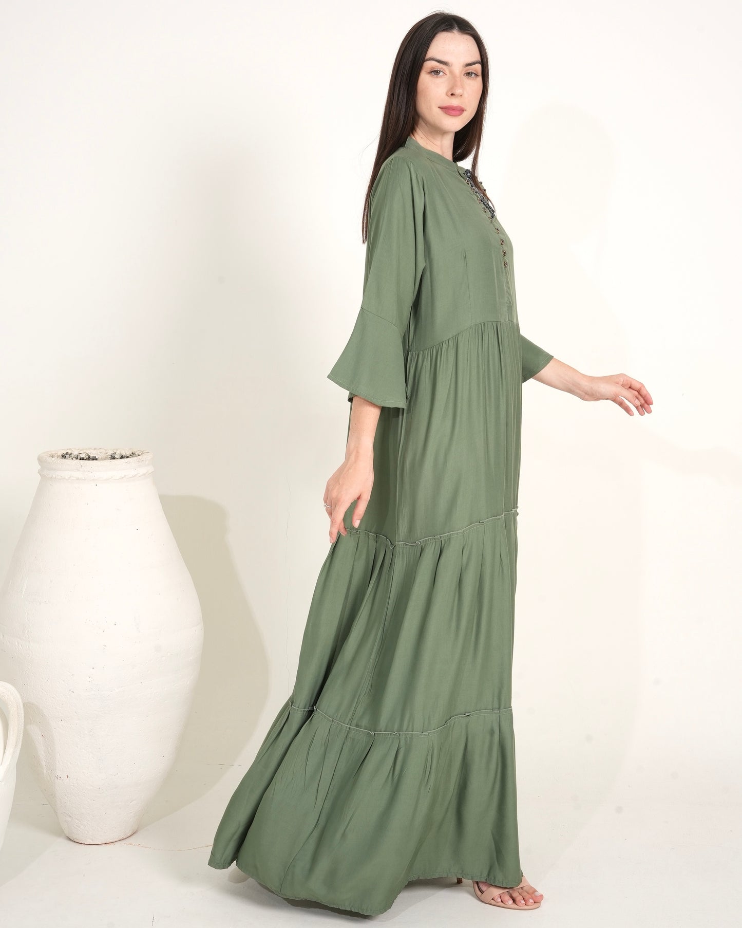 Olive Elegance - Hand-Beaded Long Dress for Ladies