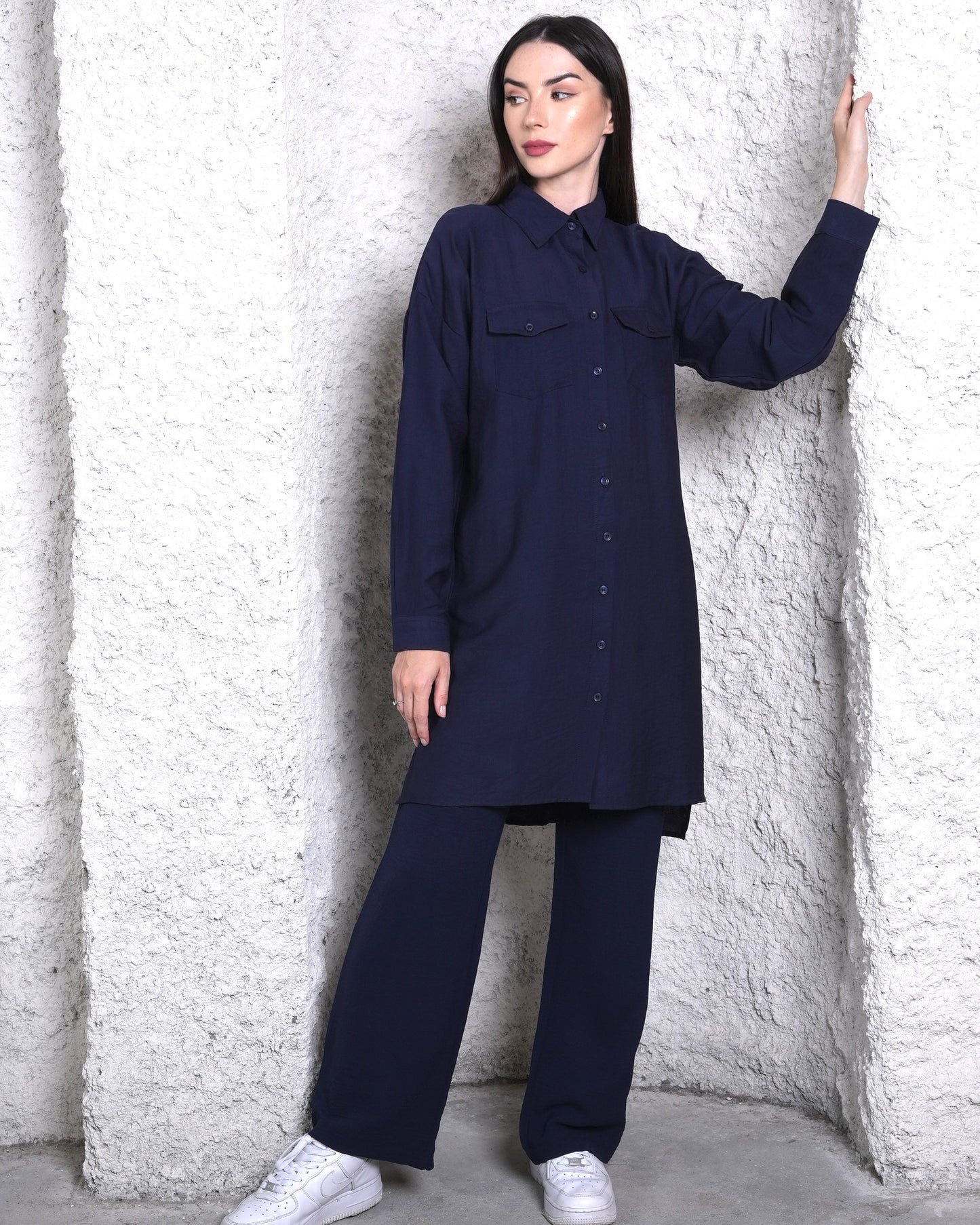 Buttoned Elegance - Navy Blue Co-ord Set with Front Pocket’s