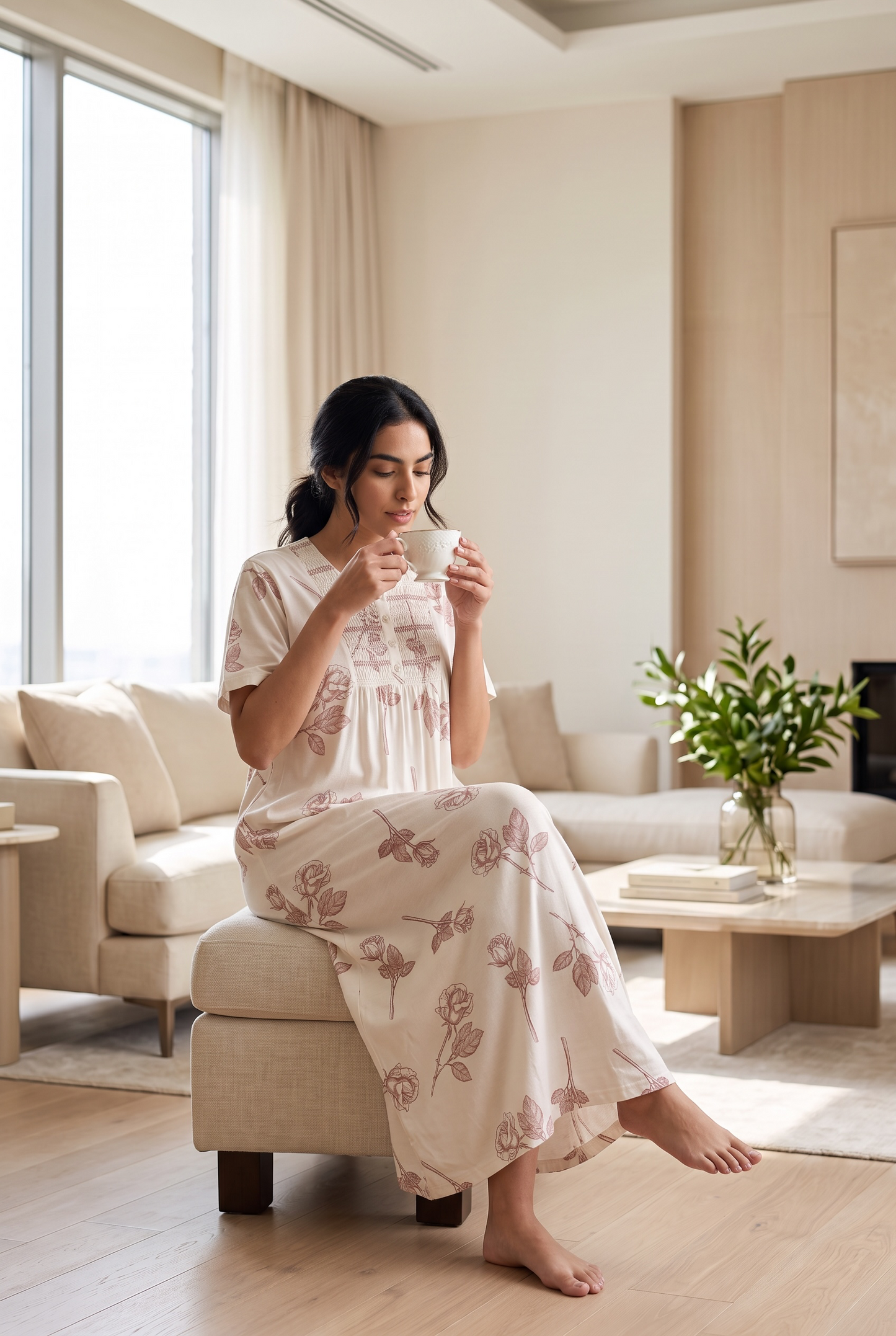 Rosabelle – Soft Ivory Rose Print Nightdress | Women’s Lace Sleepwear