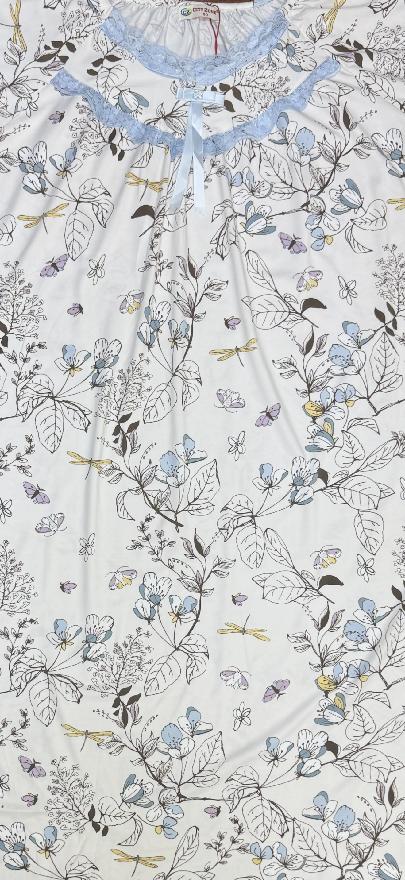 Serena – Ivory Floral Nightdress with Blue Lace | Women’s Sleepwear