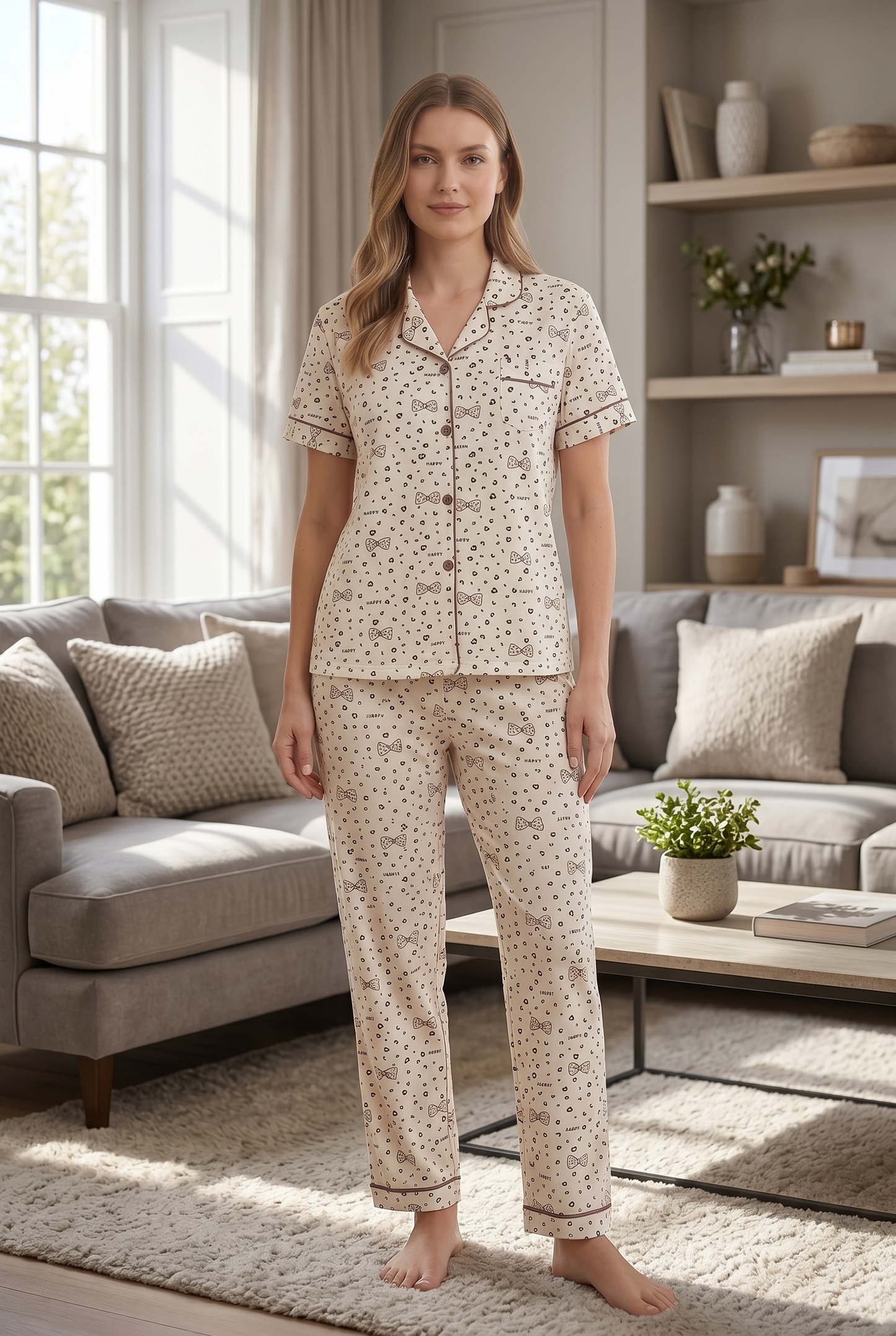 Belleza – Soft Cream Bow Print Sleepwear | Button-Up Lounge Set